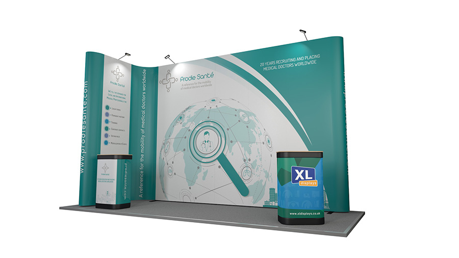 Linked 5m x 2m Jumbo Pop Up Exhibition Stand Is Supplied With Two Zeus2 Wheeled Transportation Cases
